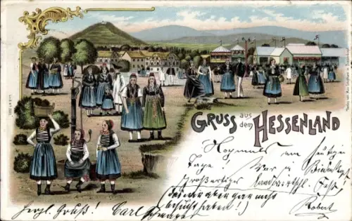 Litho Gruß aus Hessenland, Hessische Trachten