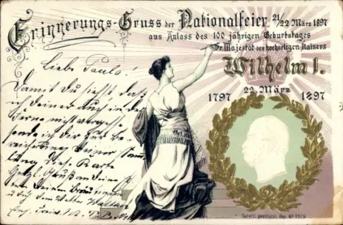 Präge Litho Nationalfeier 1897, 100-jähriger Geburtstag Kaiser Wilhelm I, 1797-1897