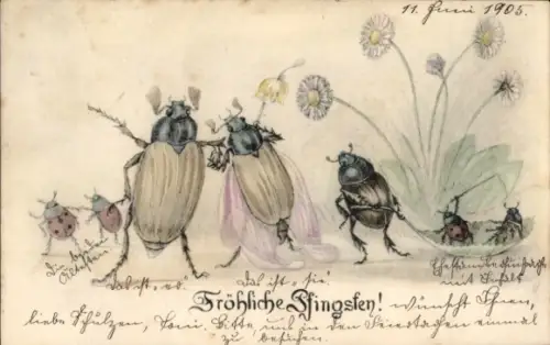 Litho Frohe Pfingsten, Vermenschlichte Maikäfer, Marienkäfer