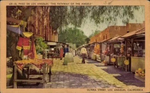 Ak Los Angeles Kalifornien USA, Olvera Street, Marktstände, Menschen, bunte Stoffe,  Atmosphäre