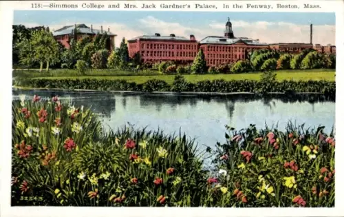 Ak Boston Massachusetts USA, Simmons College, Mrs. Jack Gardner's Palace, Fenway,  Blumen, Wasser