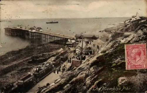 Ak Mumbles Wales,  Schiffsverkehr, Menschenmenge, Eisenbahn, 