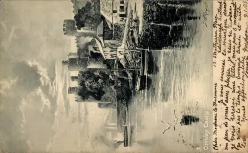 Ak Conway Conwy Wales, Conway Castle, Wasseransicht, Boot, Text in Französisch