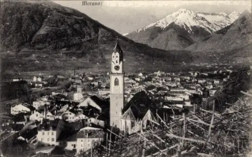 Ak Meran Merano Südtirol,  Berglandschaft, Uhrturm,  