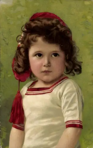 Ak Portrait von einem Kind mit brauen Locken, rote Mütze, Meissner und Buch