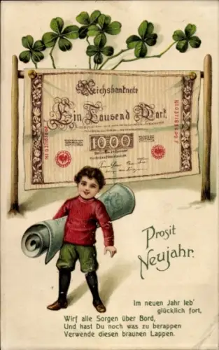 Präge Ak Glückwunsch Neujahr, Geldschein, Kleeblätter