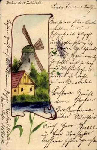 Handgemalt Ak Dorfidyll, Windmühle
