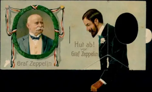 Mechanische Ak Ferdinand Graf von Zeppelin, Portrait, Hut ab