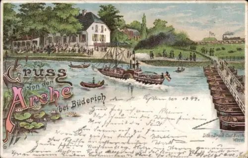 Litho Büderich Wesel am Niederrhein, Gasthaus Arche, Schiffbrücke, Dampfer