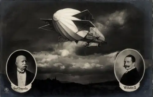 Ak Zeppelin Luftschiff, Portraits Graf Zeppelin, Kaiser Wilhelm II