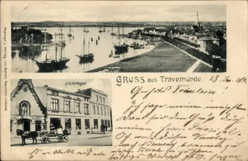 Ak Ostseebad Travemünde Lübeck, Panorama, Hafen, Geschäftshaus J. U. Kröger