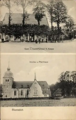Ak Riemsloh Melle in Niedersachsen, Gasthaus und Geschäftshaus A. Krapp, Kirche, Pfarrhaus