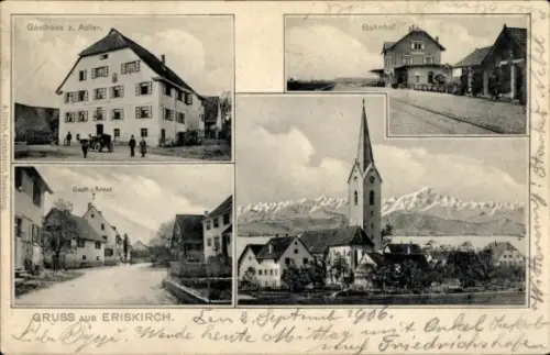 Ak Eriskirch am Bodensee, Kirche, Bahnhof, Gasthaus zu Adler
