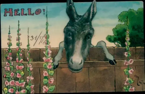 Mechanische Ak Esel schaut über einen Holzzaun