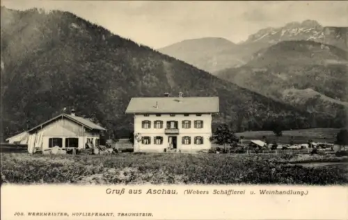 Ak Aschau im Chiemgau Oberbayern, Webers Schäfflerei, Weinhandlung
