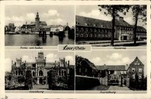 Ak Leer in Ostfriesland, Hafen, Kaserne, Evenburg, Haneburg