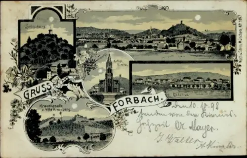 Mondschein Litho Forbach Lothringen Moselle, Schlossberg, Kreuzkapelle, Kaserne