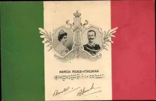 Wappen Lied Ak König Viktor Emanuel III von Italien, Elena von Montenegro, Marcia Reale Italiana