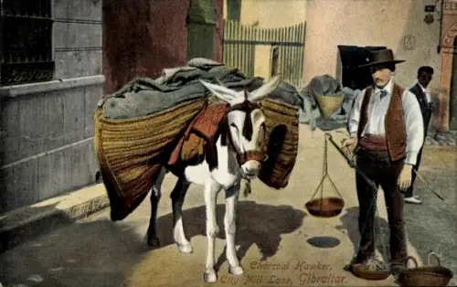 Ak Gibraltar, Charcoal Hawker, City Mill Lane, Esel mit Ware