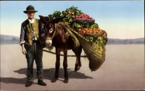 Ak Napoli Neapel Campania, Mann mit Esel, Gemüsehändler