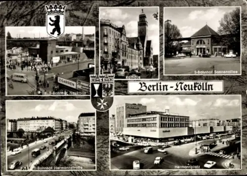 Ak Berlin Neukölln, S-Bahnhöfe Neukölln, Sonnenallee, Hermannstraße, Rathaus, Hermannplatz, Wappen