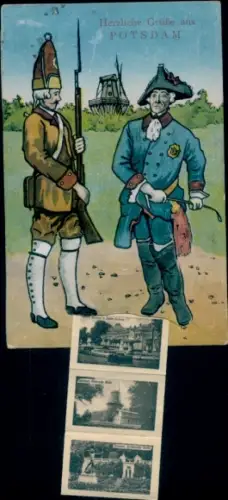 Leporello Ak Potsdam in Brandenburg, Der Alte Fritz, Historische Mühle, Stadtansichten