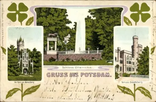 Litho Potsdam, Schloss Glienicke, Babelsberg, Wasserfontäne, Kleeblätter