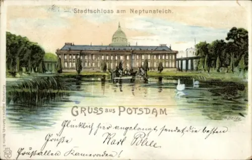 Künstler Litho Keide, A., Potsdam in Brandenburg, Stadtschloss am Neptunteich
