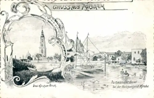 Ak Potsdam, Drei-Kirchen-Blick, Havelpartie bei der Heiligengeist-Kirche