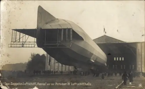 Ak Potsdam in Brandenburg, Zeppelin Luftschiff Hansa vor der Luftschiffhalle, Sanke