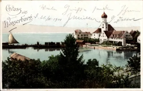 Ak Wasserburg am Inn Oberbayern, Ansicht  See, Gebäude, Segelboot, Felsen