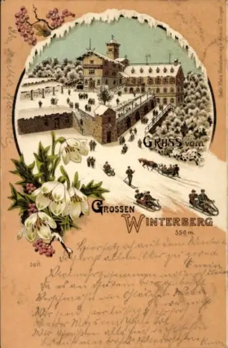 Winter Litho Bad Schandau Elbe, Großer Winterberg, Restaurant