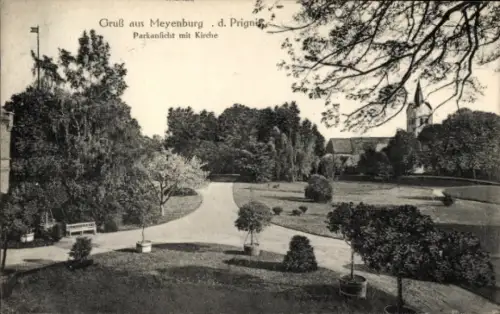 Ak Meyenburg in der Prignitz, Park mit Kirche