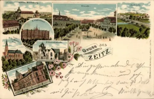 Litho Zeitz Burgenlandkreis, St. Michaeliskirche, Altmarkt, Auebrücke, Schloss Moritzburg