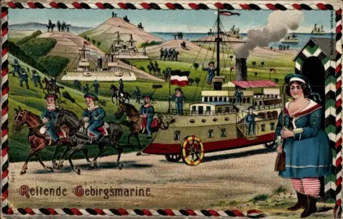 Litho Reitende Gebirgsmarine, Seeleute, Kriegsschiff, Frau in Uniform