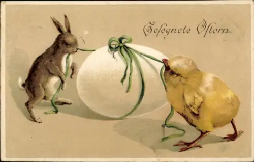 Litho Glückwunsch Ostern, Osterhase, Küken, Osterei mit Schleife