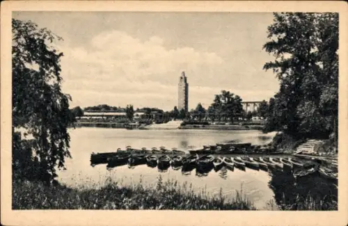 Ak Magdeburg, Adolf Mittag See mit Ausstellungsturm