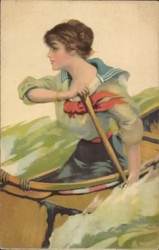 Künstler Ak Frau im Matrosenhemd in einem Kanu