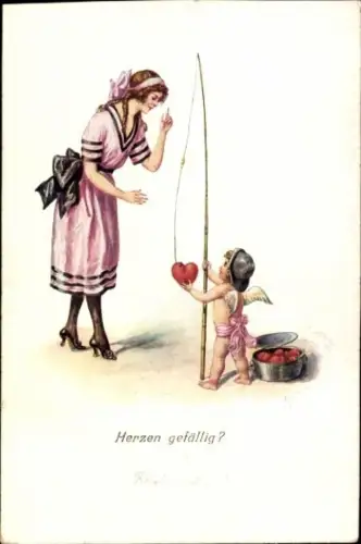 Künstler Ak Herzen gefällig?, Junge Frau, Amor, Herz