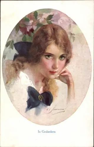 Künstler Ak In Gedanken, Junge Frau, Portrait