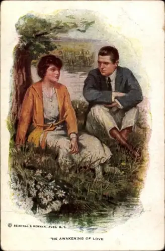 Künstler Ak The Awakening of Love, Liebespaar sitzt am Ufer
