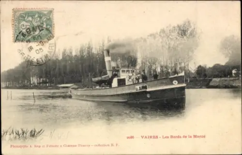 Ak Vaires sur Marne Seine et Marne, Dampfschiff auf dem Wasser,  Les Bords de la Marne, Schwarz-W