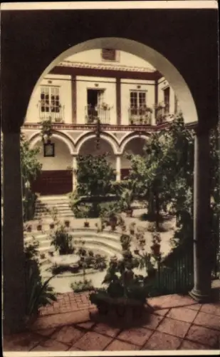 Ak Barrio de Santa Cruz Sevilla Andalusien, Innenhof, Pflanzen, Treppen, Kolonnaden, Venerable Pr