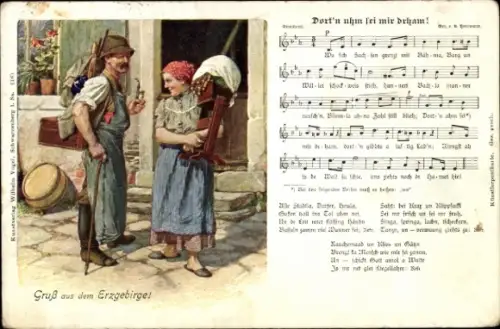 Ak Erzgebirge, Paar, Gespräch, Mann mit Pfeife