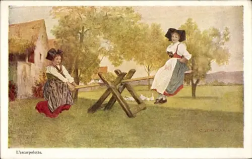 Künstler Ak Spindler, C., L'Escarpolette, Trachten aus Elsaß Lothringen, Schaukel