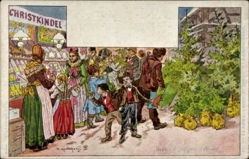 Künstler Litho Kauffmann, Elsässer Bräuche und Trachten, Weihnachtsmarkt, Marktstand