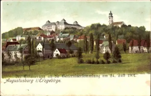 Ak Augustusburg im Erzgebirge, Landschaft mit Schloss, Häusern, Bäumen, Text zur Generalversammlu