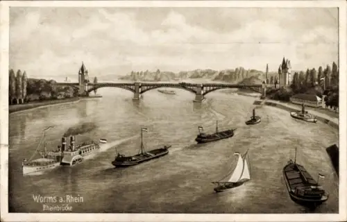 Ak Worms am Rhein, Worms am Rhein, Rheinbrücke, Schiffe auf dem Wasser