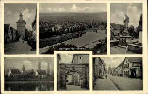 Ak Zellingen am Main Unterfranken, Gesamtansicht, Denkmnal, Tor, Straßenpartie