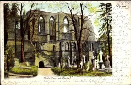 Ak Oybin in der Oberlausitz, Klosterkirche mit Friedhof,  Ruinen, Grabsteine